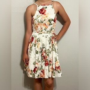 Beautiful dress, elegant, fabric decorated with colorful flowers